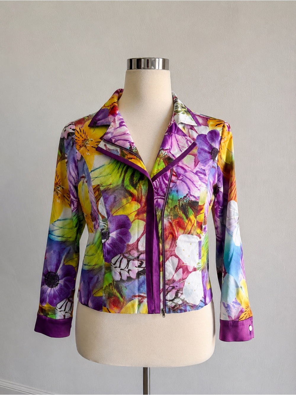 LaiCarFore Floral Jacket/blazer Multicolor SIZE S Purple Satin Trim Lightweight